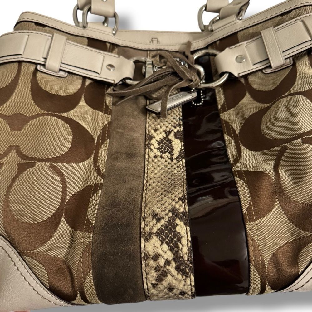Coach Hamptons Large Signature Leather Trim Python Stripe Hobo Handbag Brown - Picture 3 of 11